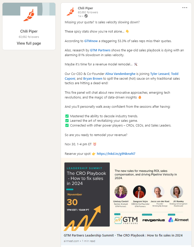 social media b2b content example linkedin chili piper